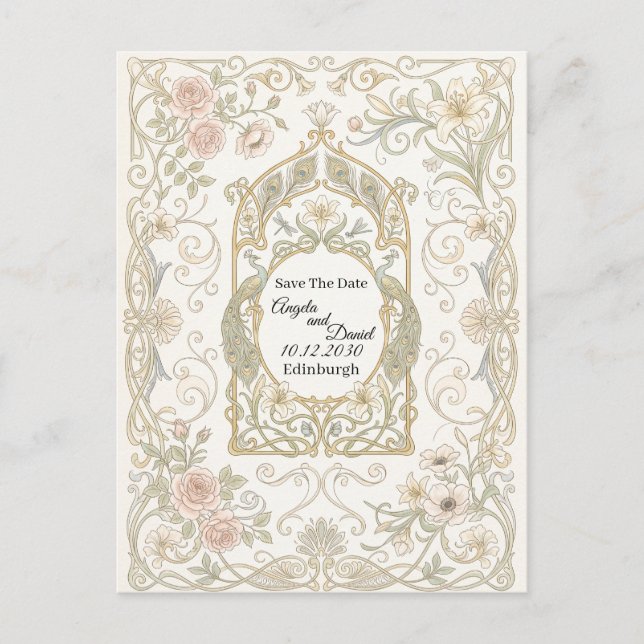 Carte Postale Faire-part de date baroque or rose (Devant)
