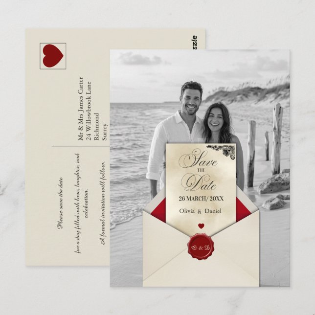 Carte Postale Faire-part de date de mariage à monogramme ivoire  (Devant / Derrière)