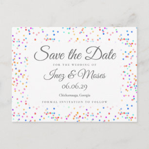 Carte Postale Faire-part de date de mariage Confetti Arc-en-ciel