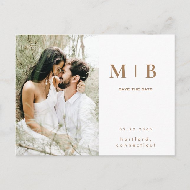 Carte Postale Faire-part de date de mariage simple monogramme or (Devant)