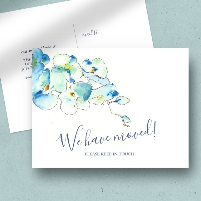 Carte Postale Faire-part de déplacement botanique tropical (change of address postcards blue watercolor orchids art by Victoria Grigaliunas)