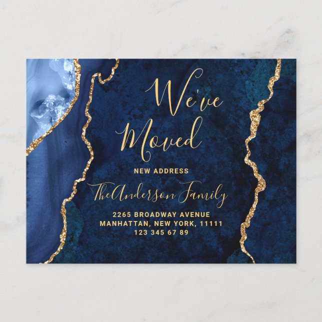 Carte Postale Faire-part de déplacement moderne Gold Blue Agate  (Devant)