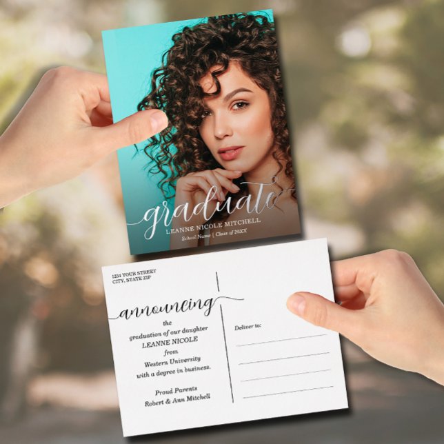 Carte postale Faire-part de finition de script (Elegant photo announcement postcards, graduate script in real foil with your details on the back)