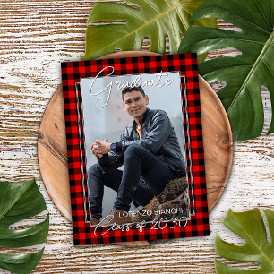 Carte Postale Faire-part de graduation Red Black Plaid Check