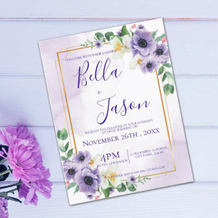Carte Postale Faire-part de mariage à cadre d'or blanc violet