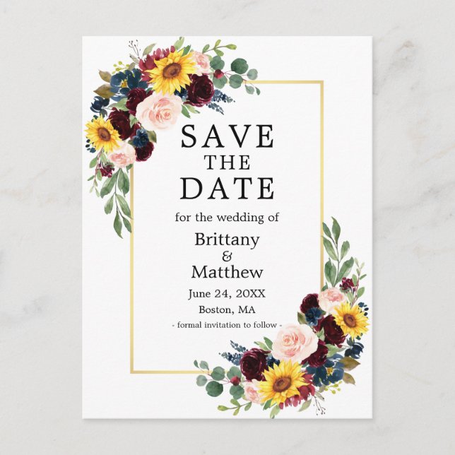 Carte Postale Faire-part de mariage à encadrement doré floral mi (Devant)