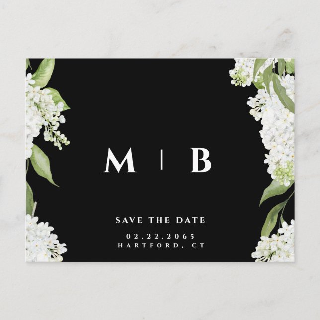Carte Postale Faire-part de mariage à monogramme B/N Fleur Blanc (Devant)