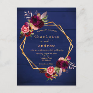 Carte Postale Faire-part de mariage bleu bleu bordeaux marine