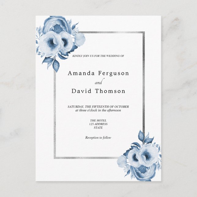 Carte Postale Faire-part de mariage bleu bleu foncé blanc (Devant)