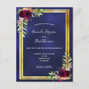 Carte Postale Faire-part de mariage bleu marine or bordeaux flor