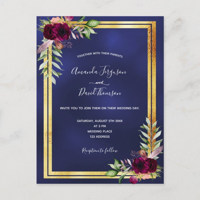 Carte Postale Faire-part de mariage bleu marine or bordeaux flor (Devant)