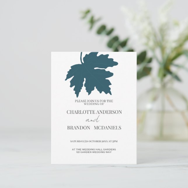 Carte Postale Faire-part de mariage bleu vert feuille d'érable (Debout devant)