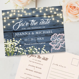 Carte Postale Faire-part de mariage Bois Rustique Guirlande Bleu