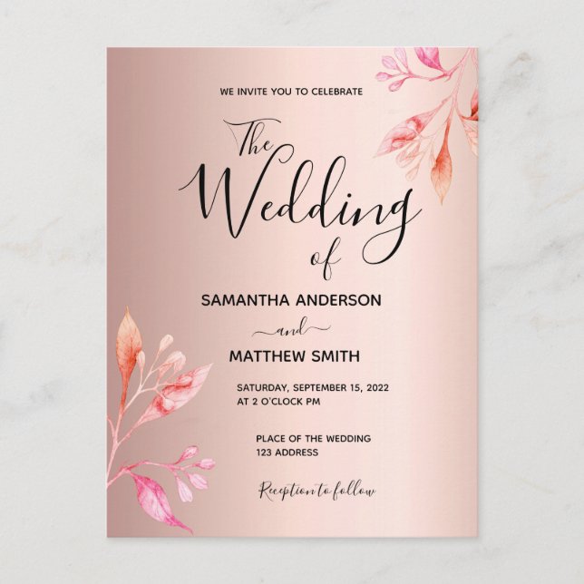 Carte Postale faire-part de mariage botanique rose or rose (Devant)