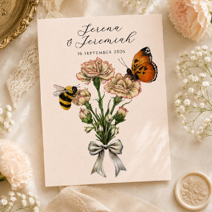 Carte Postale Faire-part de mariage botanique vintage avec abeil