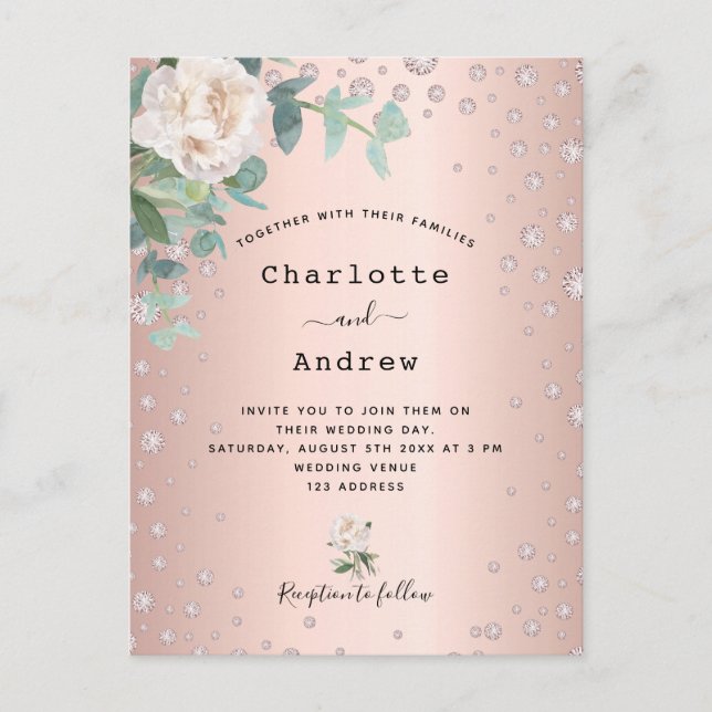 Carte Postale faire-part de mariage de diamants rose en or (Devant)
