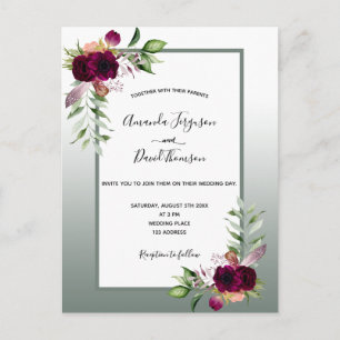 Carte Postale Faire-part de mariage de fleurs bordeaux vert Sage