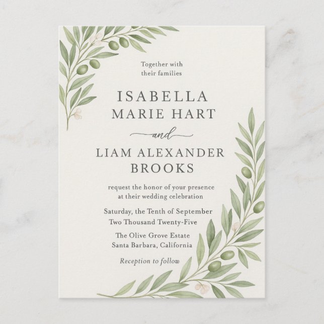 Carte Postale Faire-part de mariage de la branche d'olive - Vert (Devant)
