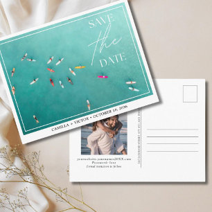 Carte Postale Faire-part de mariage de surfeur sur fond d'océan