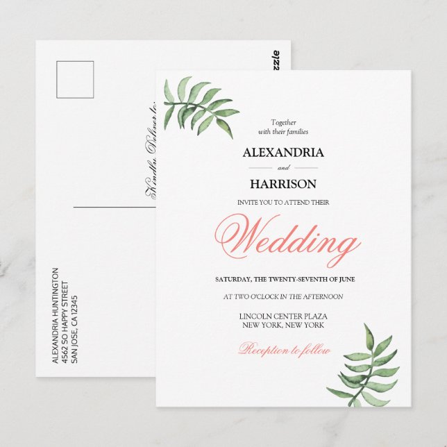 Carte Postale Faire-part de mariage de verdure tropicale moderne (Devant / Derrière)