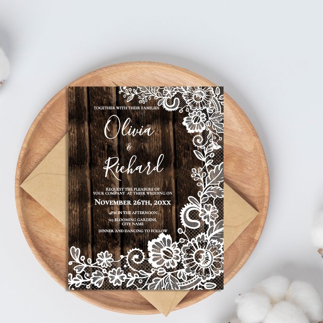 Carte Postale Faire-part de mariage en bois rustique et dentelle (White Lace Floral Rustic Wood Wedding Invitation Postcard)
