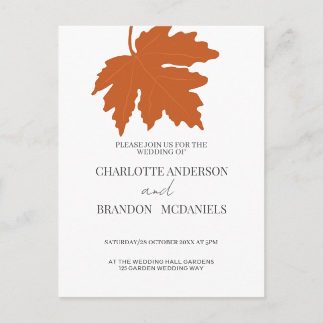 Carte Postale Faire-part de mariage en feuille d'érable d'Orange (Devant)