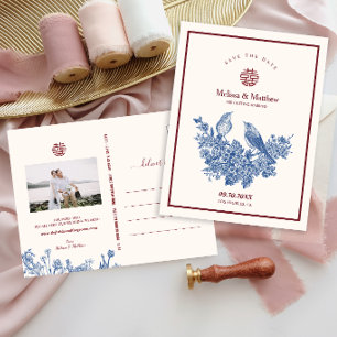 Carte Postale Faire-part de mariage floral à la pie chinoise