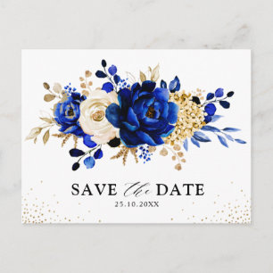Carte Postale Faire part de mariage floral bleu royal jaune or