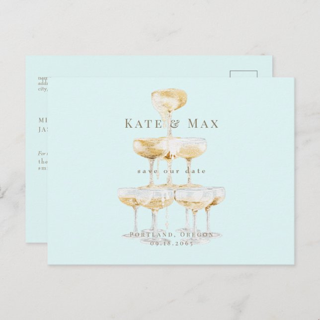 Carte Postale Faire-part de mariage moderne Champagne Seafoam (Devant / Derrière)