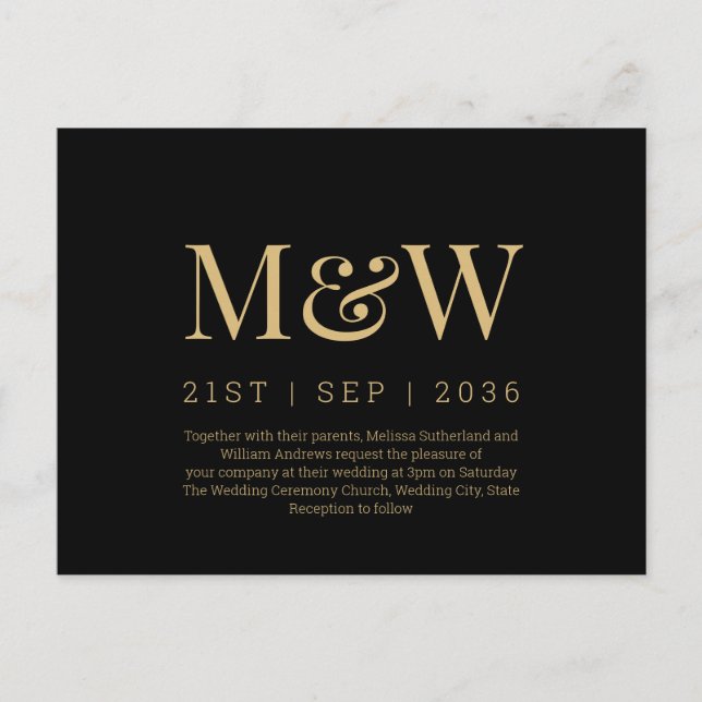 Carte Postale Faire-part de mariage moderne monogramme noir et o (Devant)