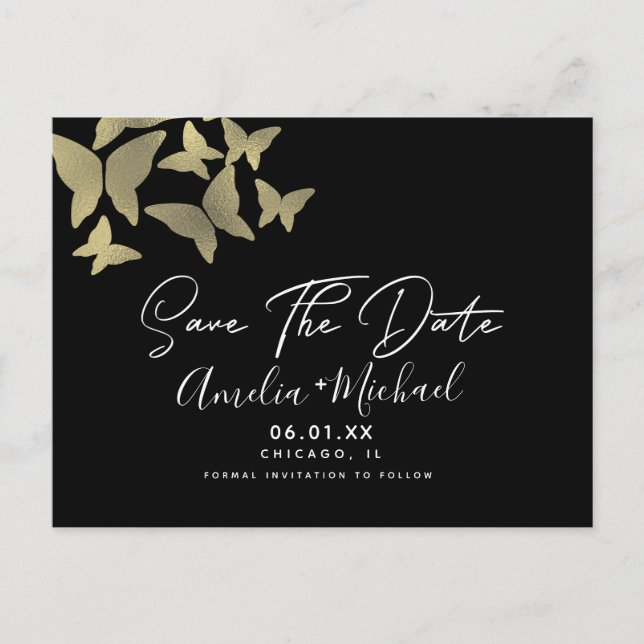 Carte Postale Faire-part de mariage Papillons Modernes Faux Or (Devant)
