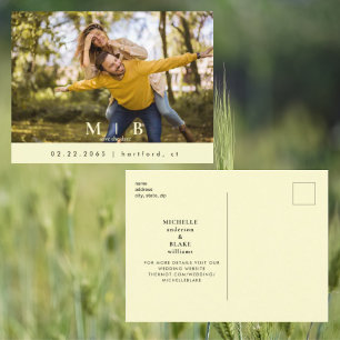 Carte Postale Faire-part de mariage photo jaune monogrammé pour 