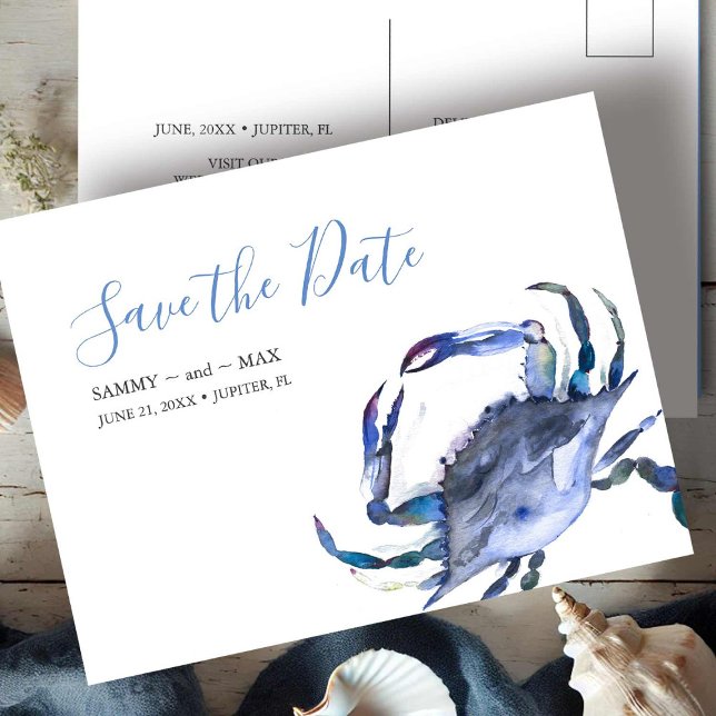 Carte Postale Faire-part de mariage plage non photo "Save the Da (beach wedding save the date postcards watercolor blue crab art by Victoria Grigaliunas DoTellABelle)