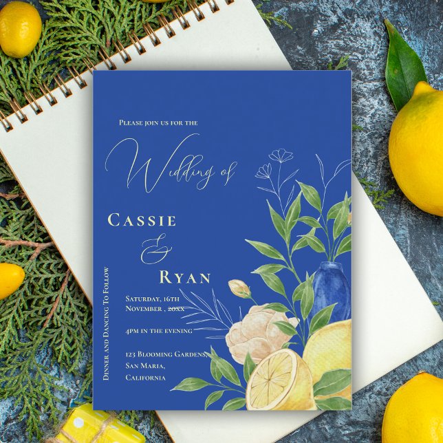 Carte Postale Faire-part de mariage romantique de citron bleu fl (Romantic Blue Floral Lemon Wedding Invitation Postcard)