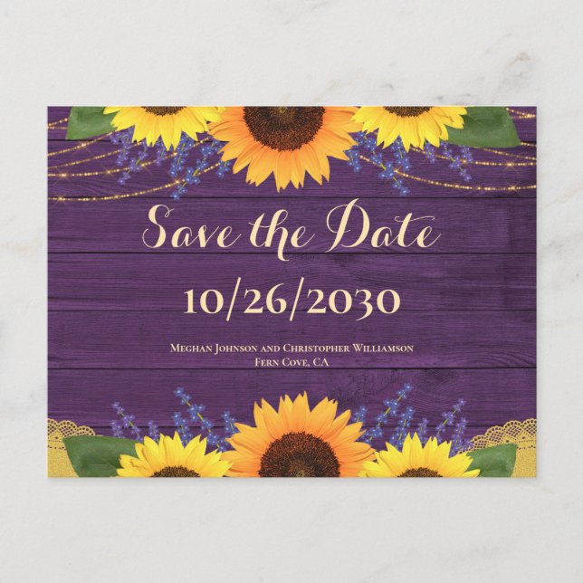 Carte Postale Faire-part de mariage Tournesol Bois Violet Rustiq (Devant)