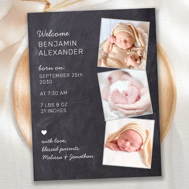 Carte Postale Faire-part de naissance au tableau noir avec 3 pho (Créateur téléchargé)