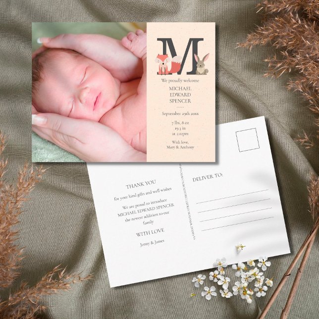 Carte Postale Faire-part de naissance avec monogramme et photo d (Créateur téléchargé)