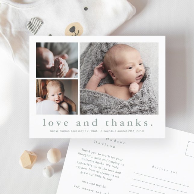 Carte Postale Faire-part de naissance bébé avec photo et message (Simple typography love and thanks 3 photo collage baby neutral thank you card birth announcement.)