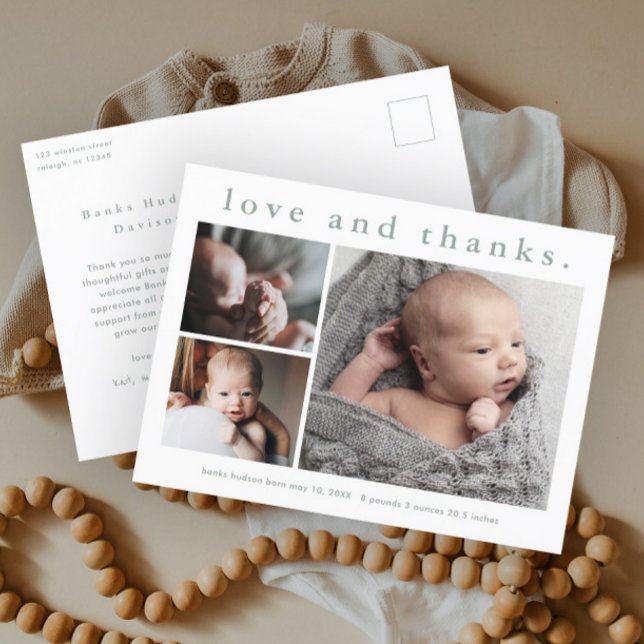 Carte Postale Faire-part de naissance bébé avec photo et message (Simple typography 3 photo collage birth announcement baby thank you postcard.)