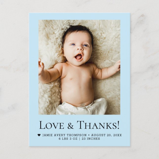 Carte Postale Faire-part de naissance bébé bleu clair "Amour & R (Devant)