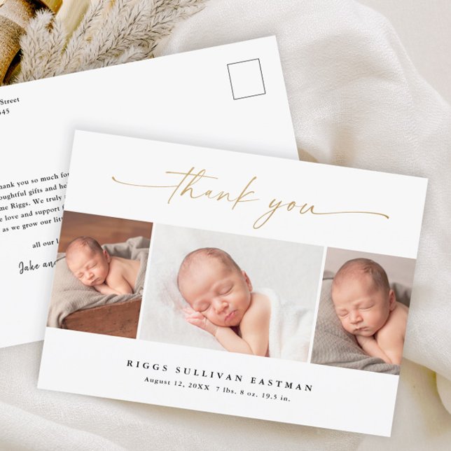 Carte Postale Faire-part de naissance bébé Collage de 3 photos M (Modern elegant gold script 3 photo baby thank you card birth announcement.)