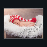 Carte Postale Faire-part de naissance bébé moderne Joyful script<br><div class="desc">La police Elegant Brush Script pour le mot "Joyful" est présentée sur cette carte postale personnalisée Baby faire-part de naissance Christmas. Choisissez la photo parfaite et customisez le message. Inclure les statistiques du bébé (poids du bébé, longueur, date de naissance et nom) N'oubliez pas d'inclure votre nom et adresse de...</div>