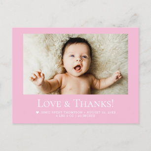 Carte Postale Faire-part de naissance bébé rose Love & Thanks
