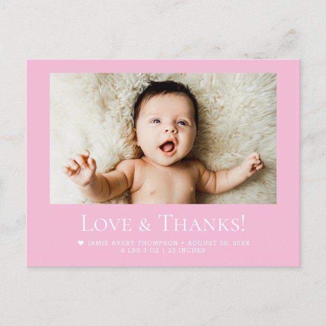 Carte Postale Faire-part de naissance bébé rose Love & Thanks (Devant)