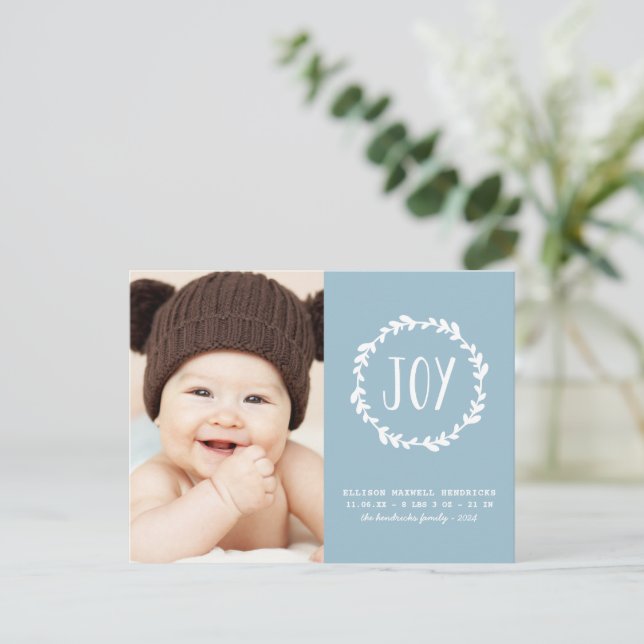 Carte Postale Faire-part de naissance bleu clair pour les fêtes (Debout devant)