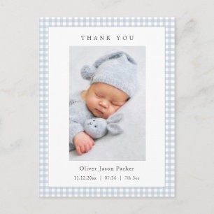 Carte Postale Faire-part de naissance bleu et blanc à carreaux p