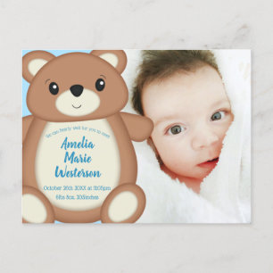 Carte Postale Faire-part de naissance bleu Teddy Bear