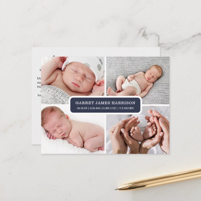 Carte Postale Faire-part de naissance collage photo élégant (Devant/Arrière en situation)