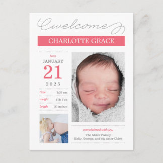 Carte Postale Faire-part de naissance couleur personnalisée élég