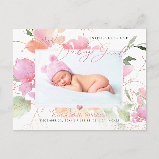 Carte Postale Faire part de naissance Fille Fleurs aquarelles Bl (Devant)